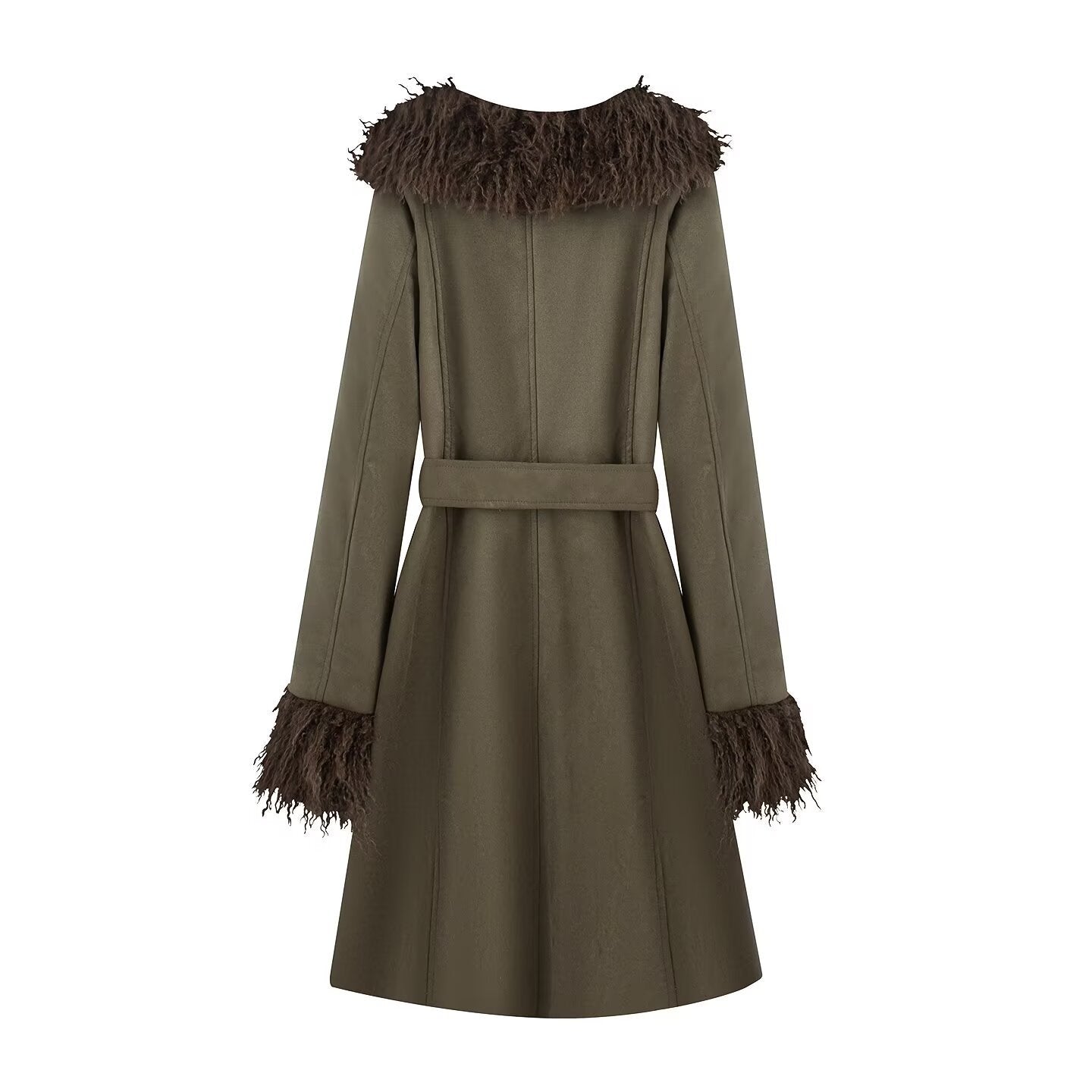 Women Long Coat in Lambskin Look with Tied Belt and Fur Collar Chichicherry