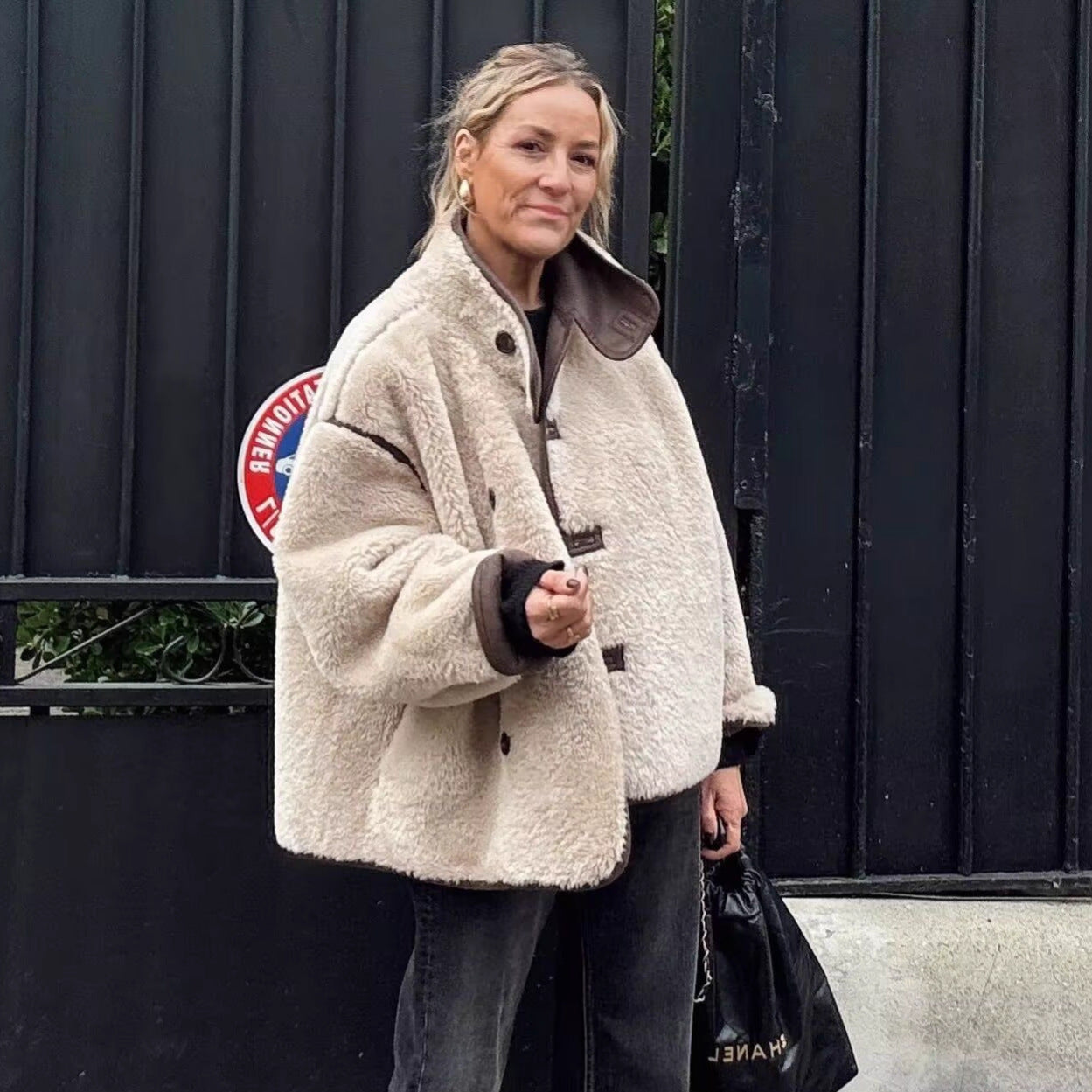 Women's Short Cropped Oversized Teddy Coat with Stand Collar and Contrast Piping Chichicherry