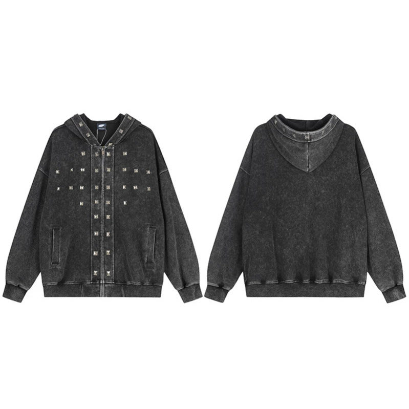 Women Oversize Zip Hoodie with Vintage Wash and Pyramid Studs Chichicherry