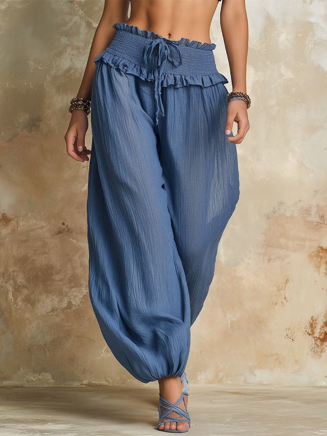 Damen Weite Haremshose mit gerafftem Smock-Bund und elastischen Knöchelabschlüssen Chichicherry