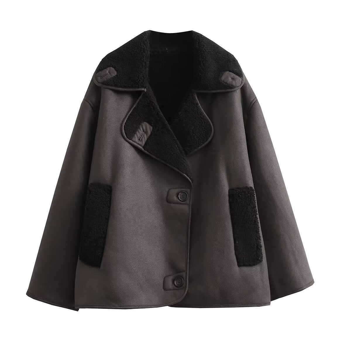 Women's Boxy Short Jacket made of Faux Suede with Teddy Collar and Concealed Button Placket Chichicherry