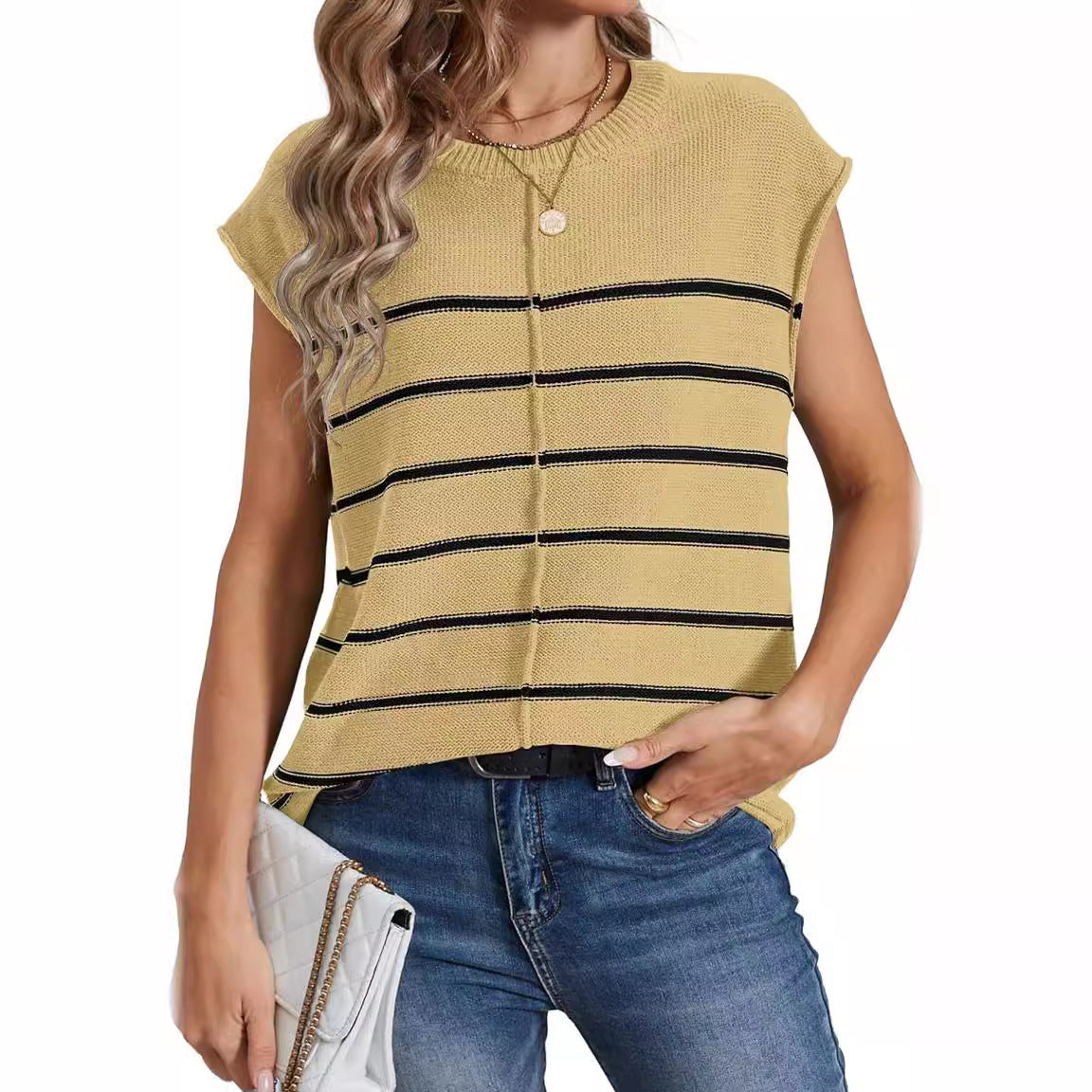 Women's sleeveless striped knit top in boxy cropped style Chichicherry