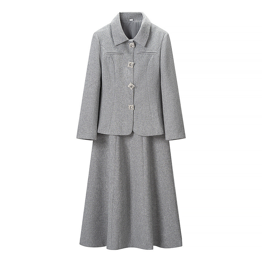 Women's Two-Piece Wool Blend Set with Tailored Short Blazer and Flared Midi Skirt Chichicherry