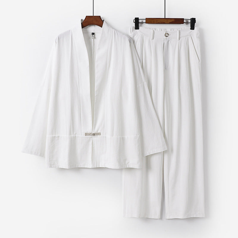 Women's Kimono Lounge Set made of lightweight viscose-linen with decorative toggle closure and wide waistband pants Chichicherry