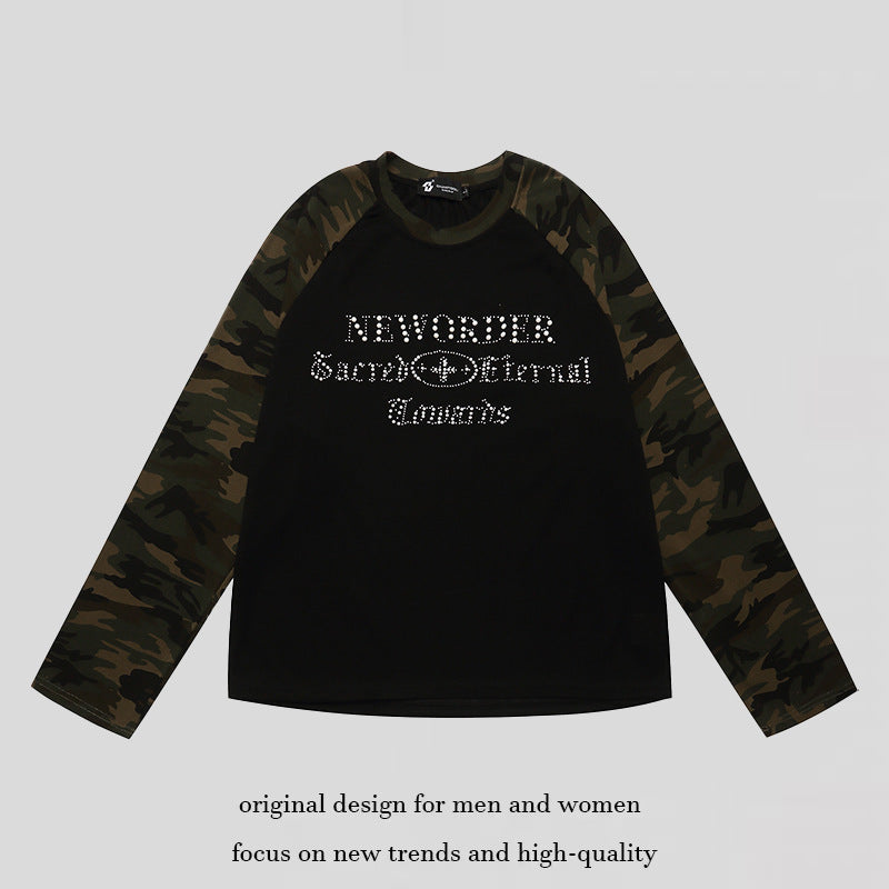 Women's Long Sleeve Shirt with Camouflage Raglan Sleeves and Rhinestone Logo Print Chichicherry