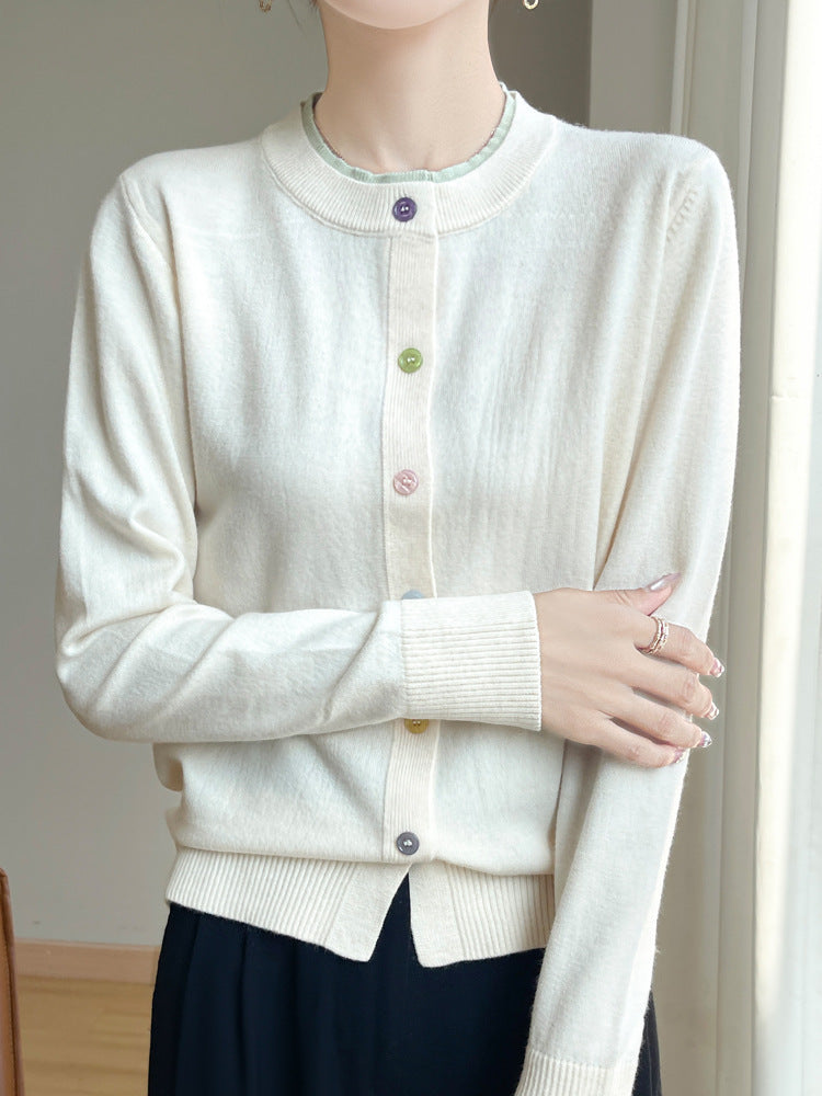 Women Lightweight Fine Knit Cardigan with Round Neckline and Colorful Buttons Chichicherry