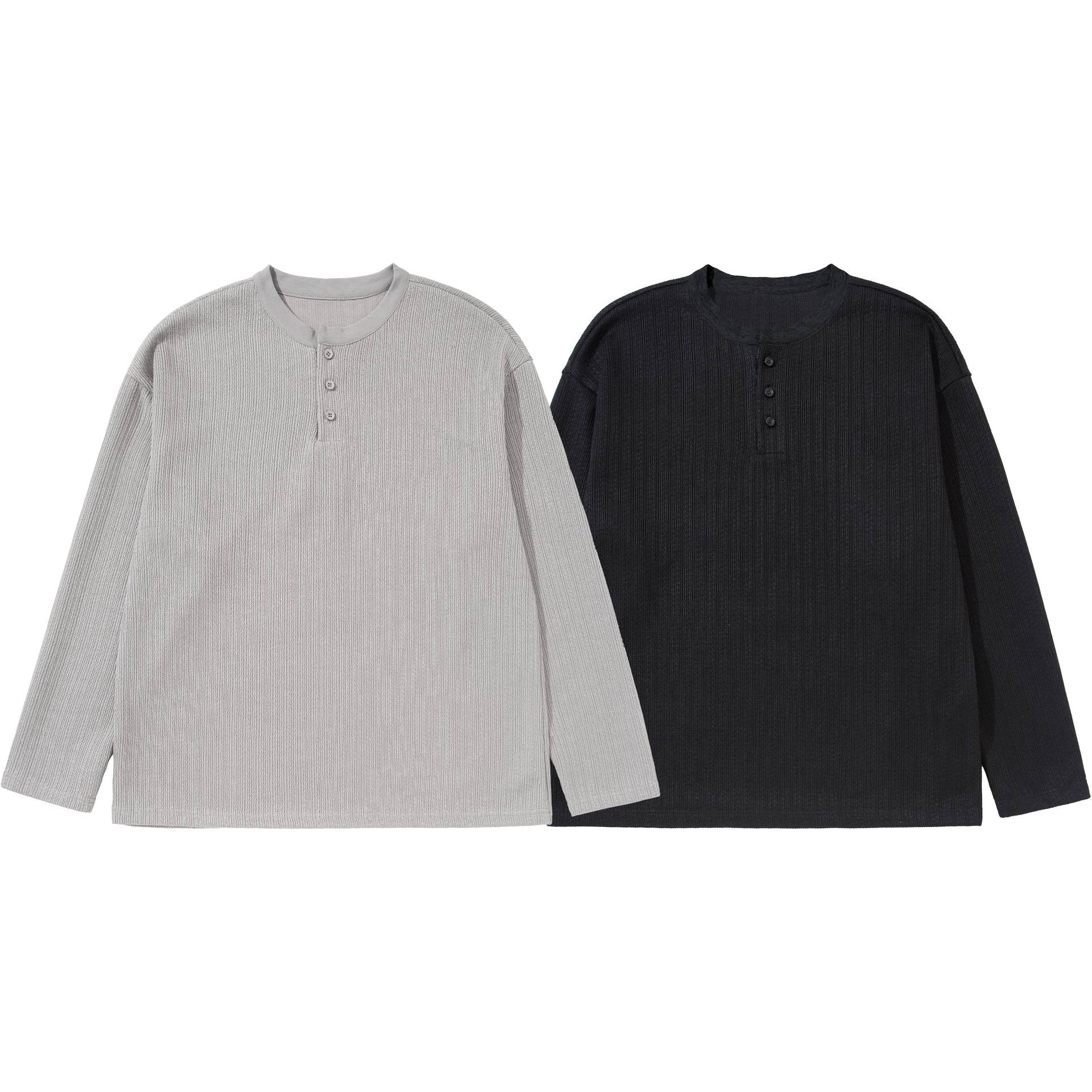 Unisex Structured Waffle Henley Shirt with Straight Hem and Oversized Silhouette Chichicherry