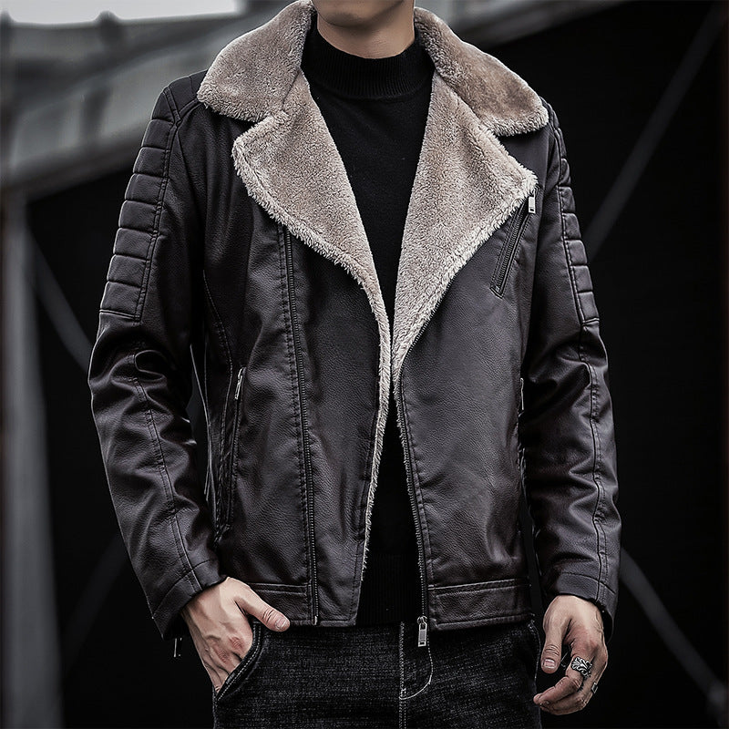 Men's Faux Leather Biker Jacket with Teddy Fur Lining and Quilted Sleeve Detail Chichicherry