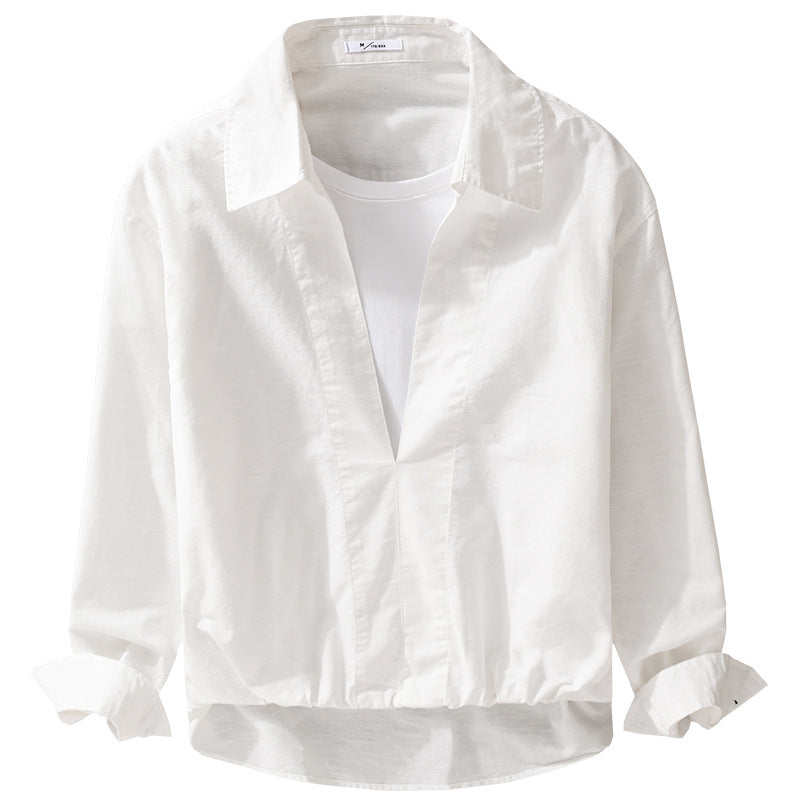 Men's Lightweight Linen Overshirt with V-Neck, Shirt Collar, and Elastic Hem Chichicherry