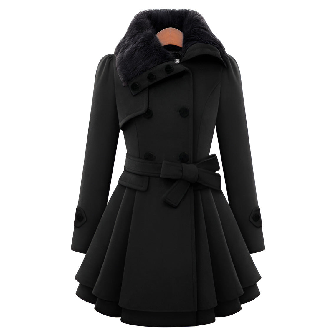 Women's Tailored Wool Mix Coat with Flared Skirt and Faux Fur Collar Chichicherry