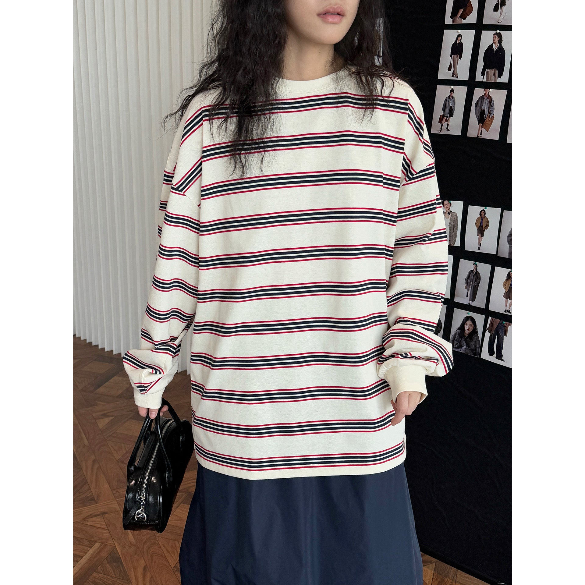 Women's Oversized Striped Cotton Jersey Long Sleeve with Dropped Shoulder Chichicherry