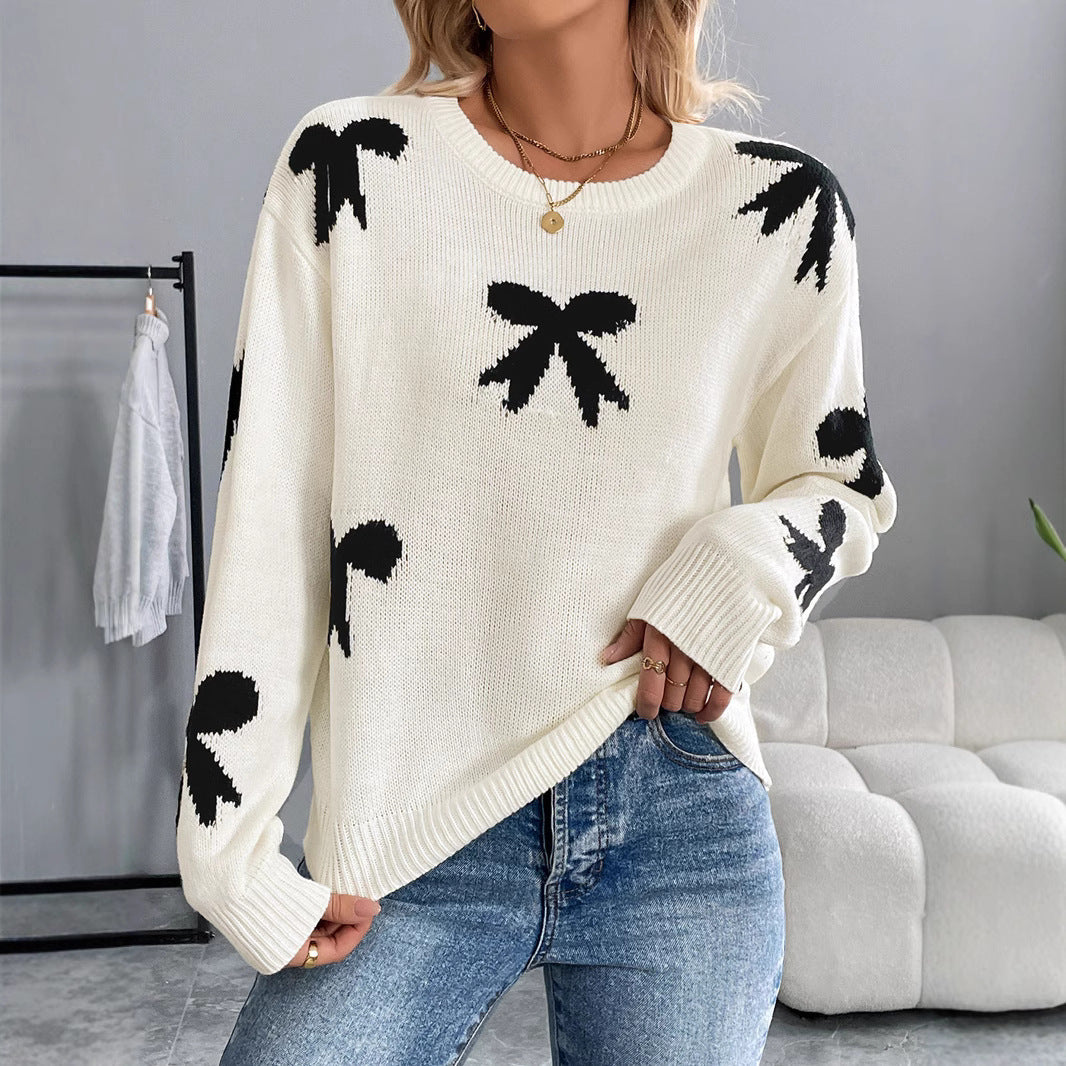 Women's Knitted Crew Neck Sweater with Bow Jacquard and Relaxed Fit Chichicherry