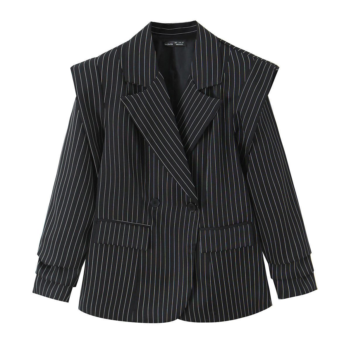 Women Double-breasted Oversized Blazer with Pinstripes and Distinctive Shoulder Pads Chichicherry