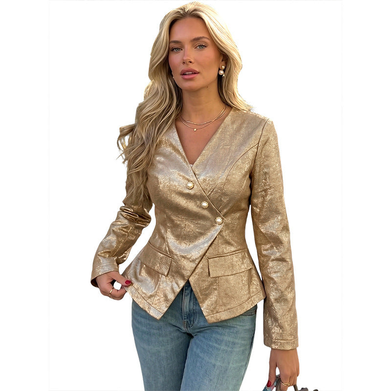 Women's Tailored Blazer with Shimmering Jacquard Texture and Decorative Pearl Buttons Chichicherry
