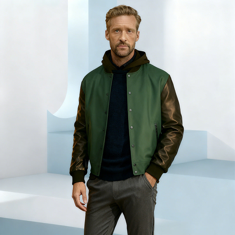 Men's varsity bomber jacket in college style with wool body and leather sleeves Chichicherry