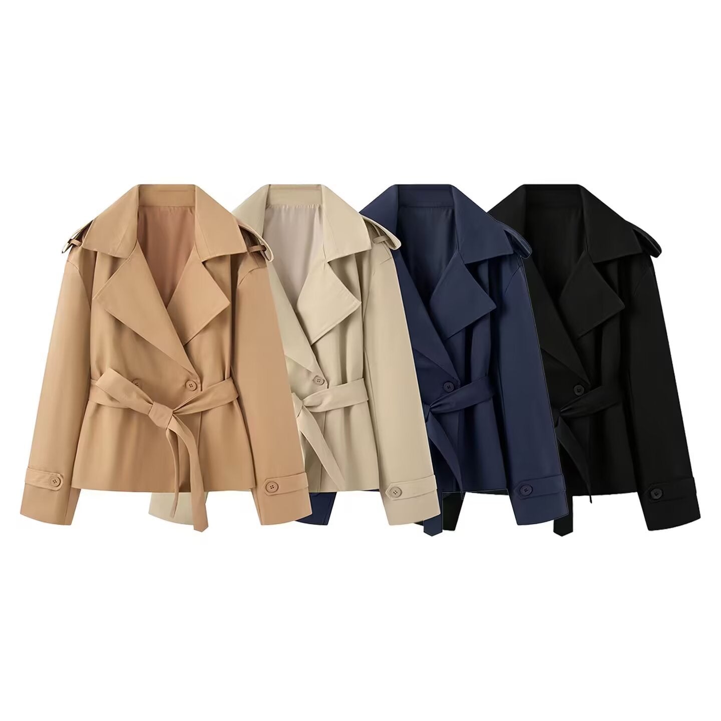 Women's Short Cut Trench Coat with Waist Belt and Wide Lapels Chichicherry
