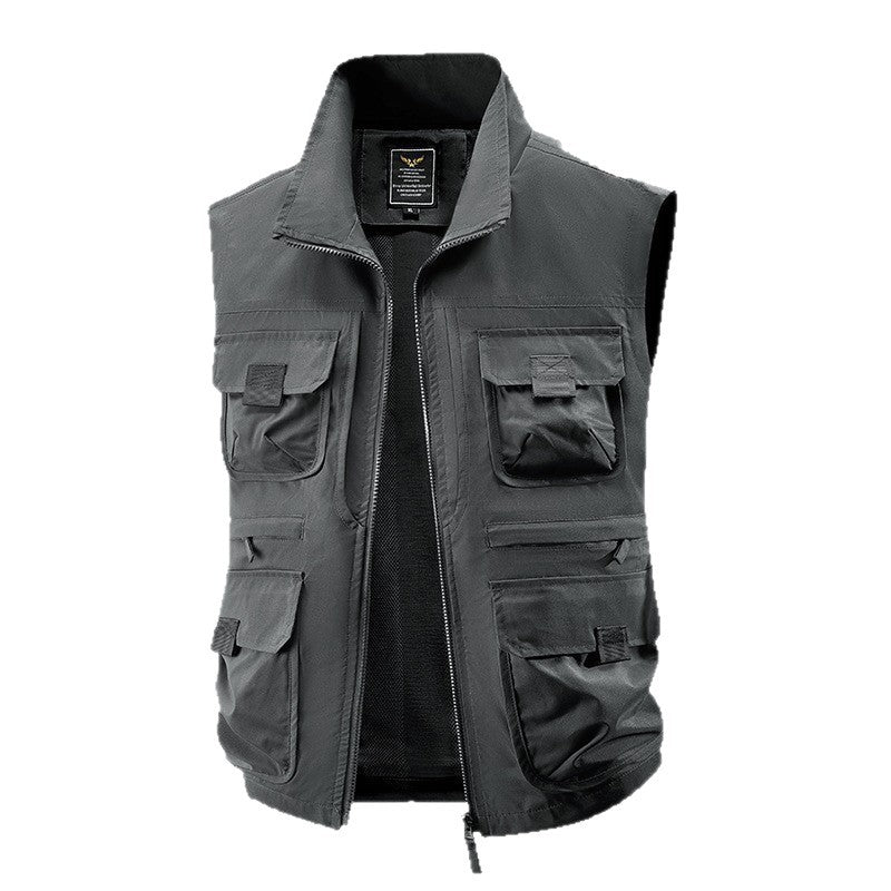 Men's Multi-Pocket Utility Vest with High Collar Two-Way Zipper & Mesh Lining Chichicherry