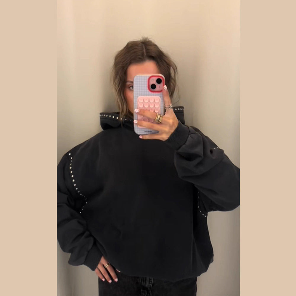 Women's Oversized Hooded Sweater with Studded Trim and Balloon Sleeves Chichicherry