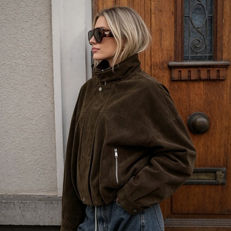 Women's Boxy Suede Bomber Jacket with High Stand Collar and Elastic Hem Chichicherry