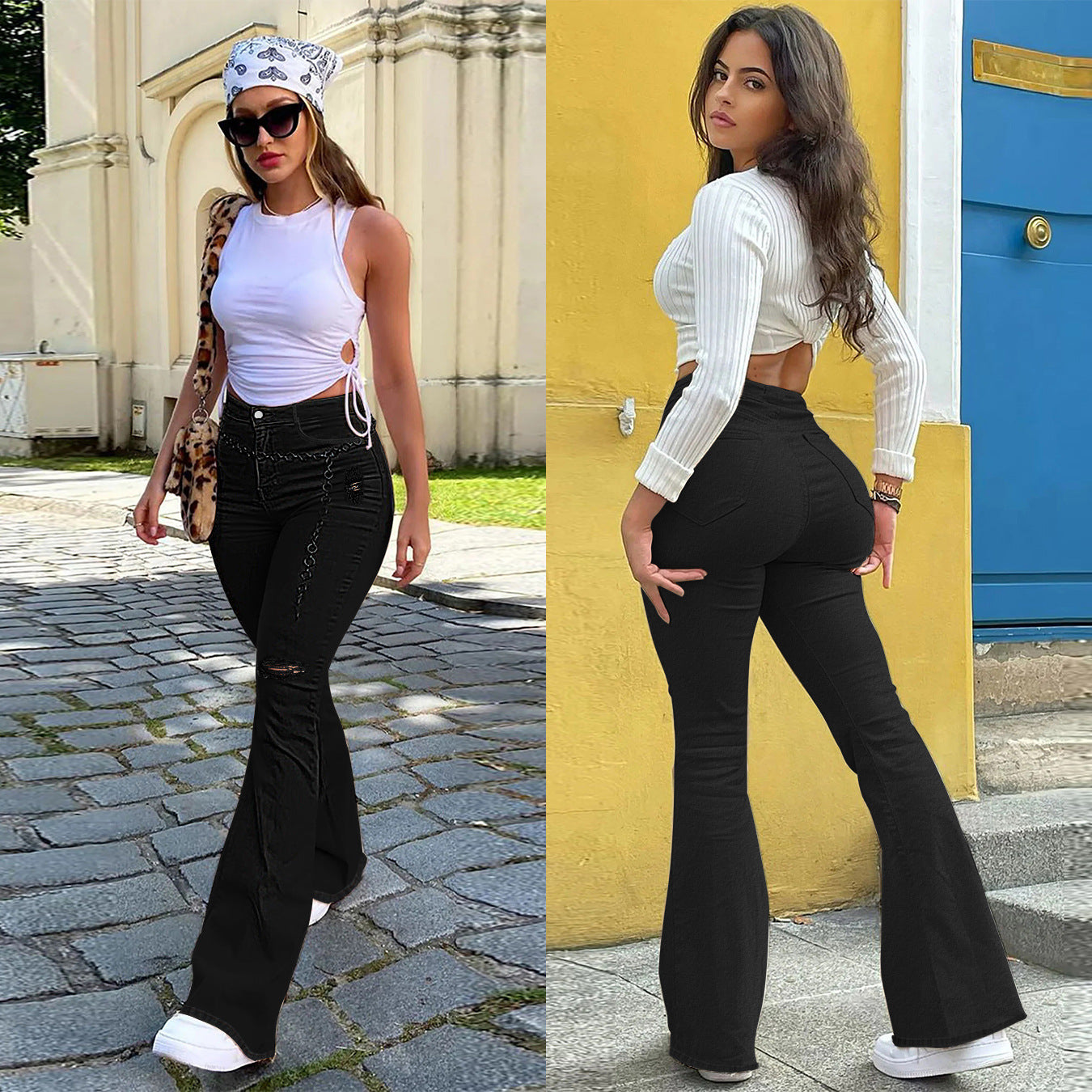 Ladies slim fit flared jeans with knee-open cutouts and shaping comfort waistband Chichicherry