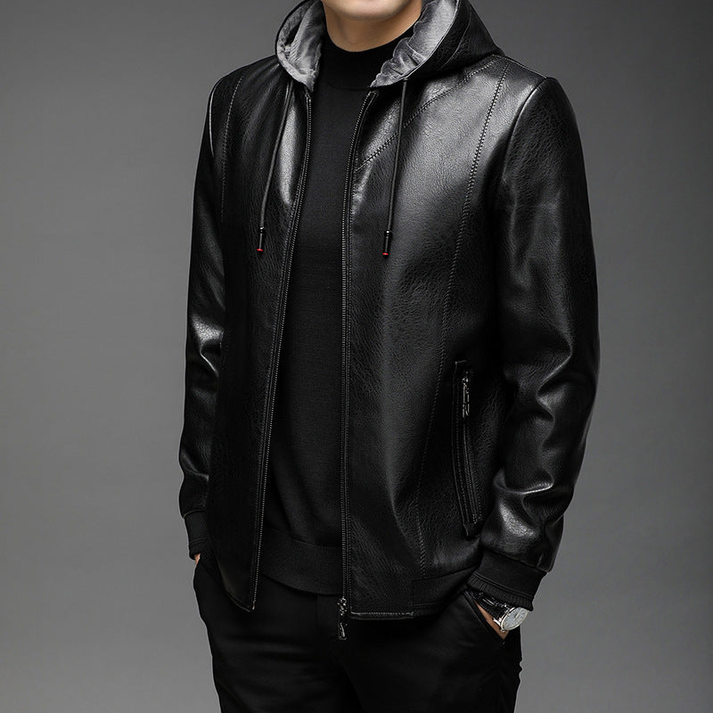 Men's faux leather hooded jacket with fine texture, zipper, and ribbed cuffs Chichicherry