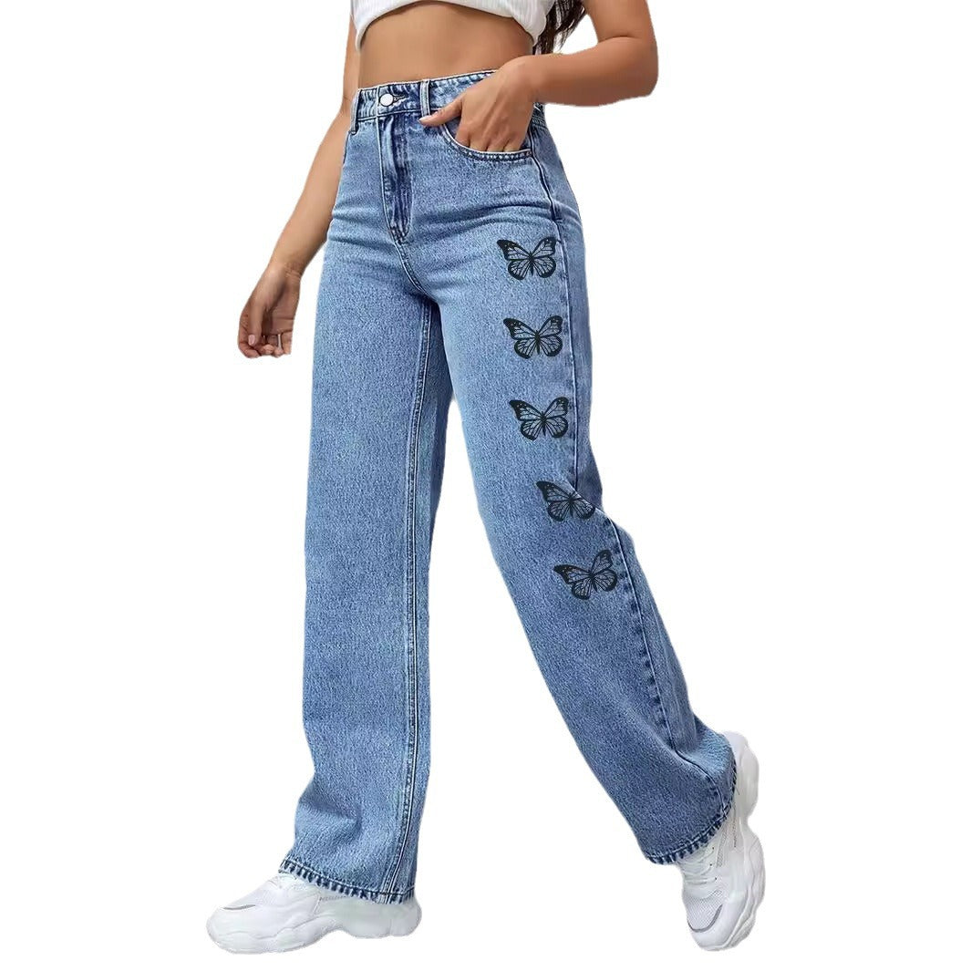 Ladies High-Waist Loose-Fit Denim Pants with Side Butterfly Print Chichicherry