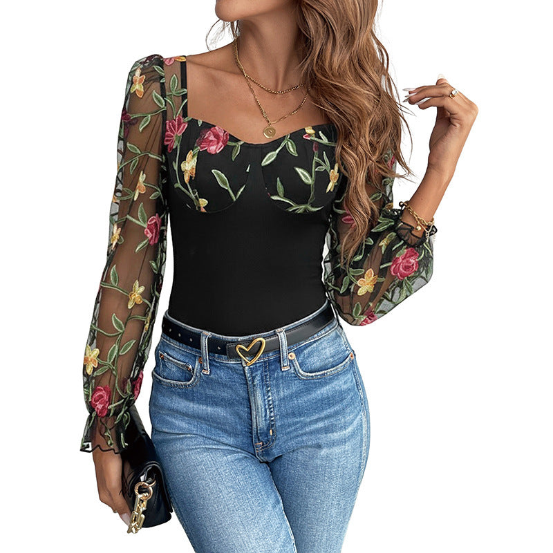 Women's shaping mesh bodysuit with corset look, balconette neckline and embroidered sheer sleeves Chichicherry