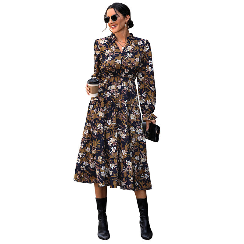 Women's Flowing Floral Midi Dress with V-Neck, Smocked Waistband, and Tiered Skirt Chichicherry