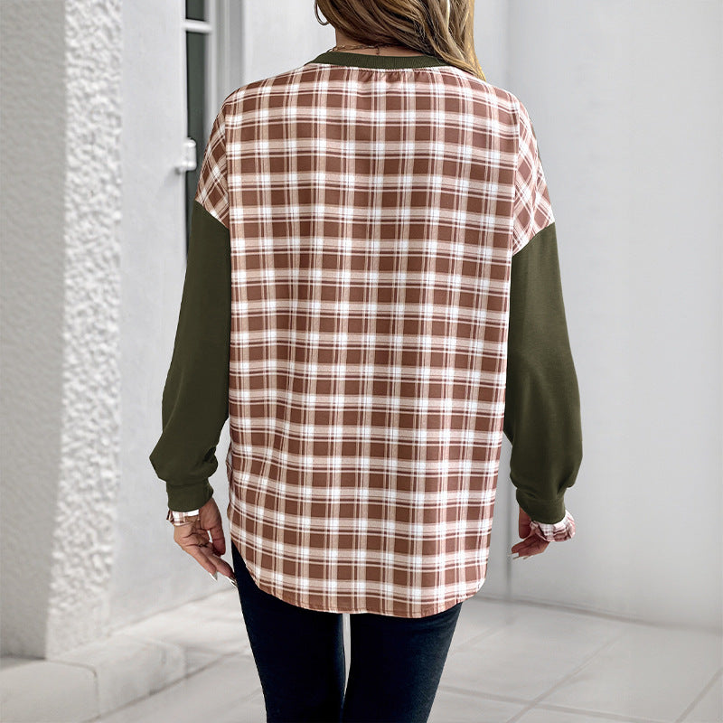 Women's Casual Round Neck Sweatshirt with Check Pattern Inserts and Gathered Cuffs Chichicherry