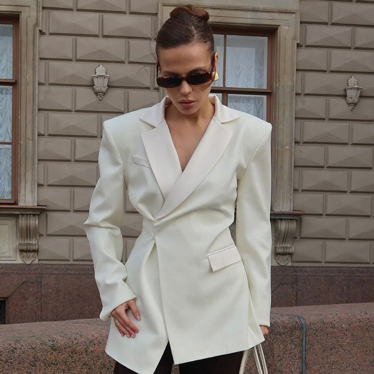 Women Sculptural Tailored Blazer with Asymmetric Front and Accentuated Shoulder Chichicherry