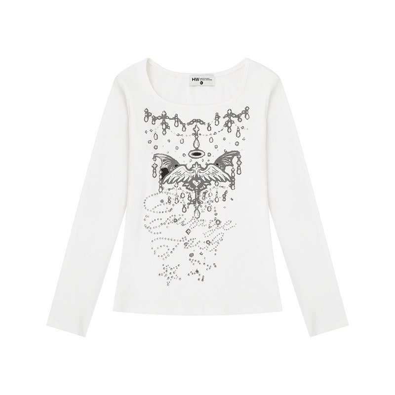 Women's long-sleeve shirt with round neckline, rhinestone print and angel motif Chichicherry