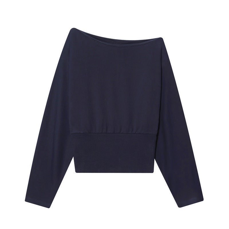 Women's Off-Shoulder Cropped Sweatshirt with Wide Boat Neck and Waistband Chichicherry