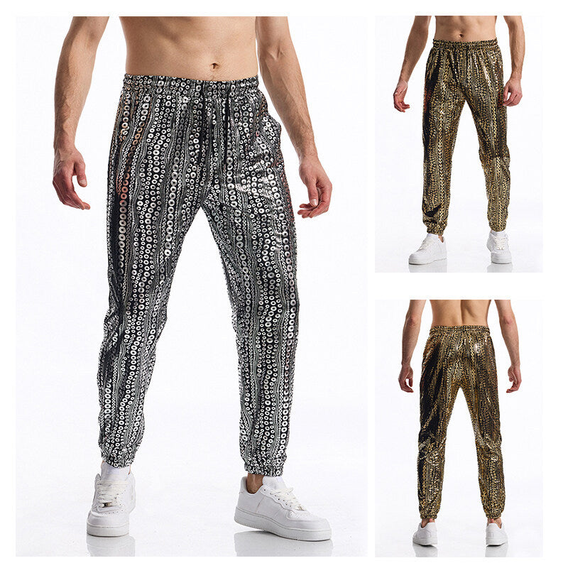 Men's Tapered Jogging Pants with Elastic Waistband, Drawstring and Metallic Circle Print Chichicherry