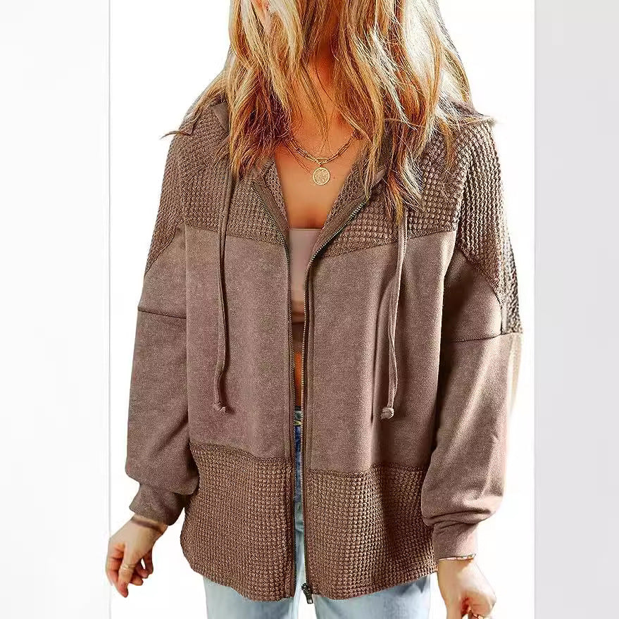 Damen Lässige Oversize-Kapuzenjacke mit Strukturstrick-Einsätzen und Reißverschluss Chichicherry
