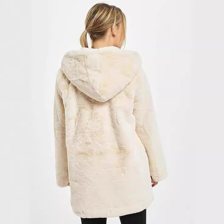 Women's Midi Length Faux Fur Coat with Hood, Teddy Finish and Concealed Button Placket Chichicherry