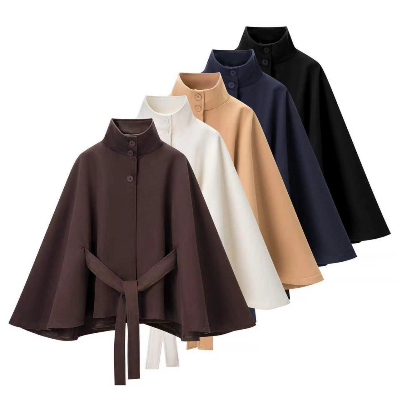 Women's Short Cape Coat with Stand-Up Collar, Concealed Button Placket and Tie Belt Chichicherry