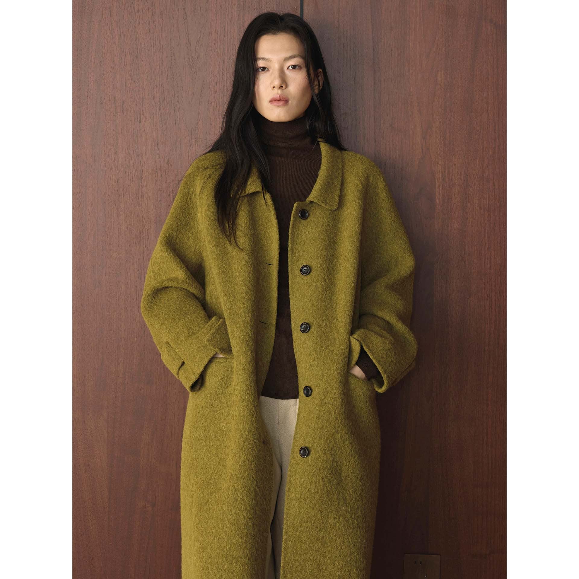 Women's Wide Cut Wool Blend Coat with Boucle Texture and Patch Pockets Chichicherry