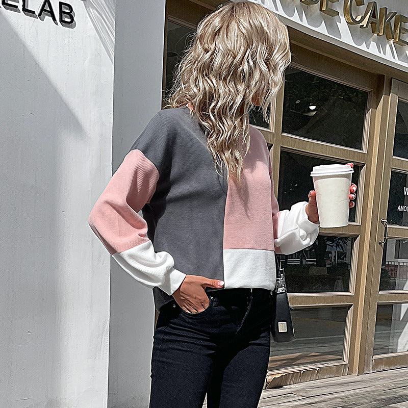 Women's Colorblock Waffle Knit Sweatshirt with Round Neck and Casual Fit Chichicherry