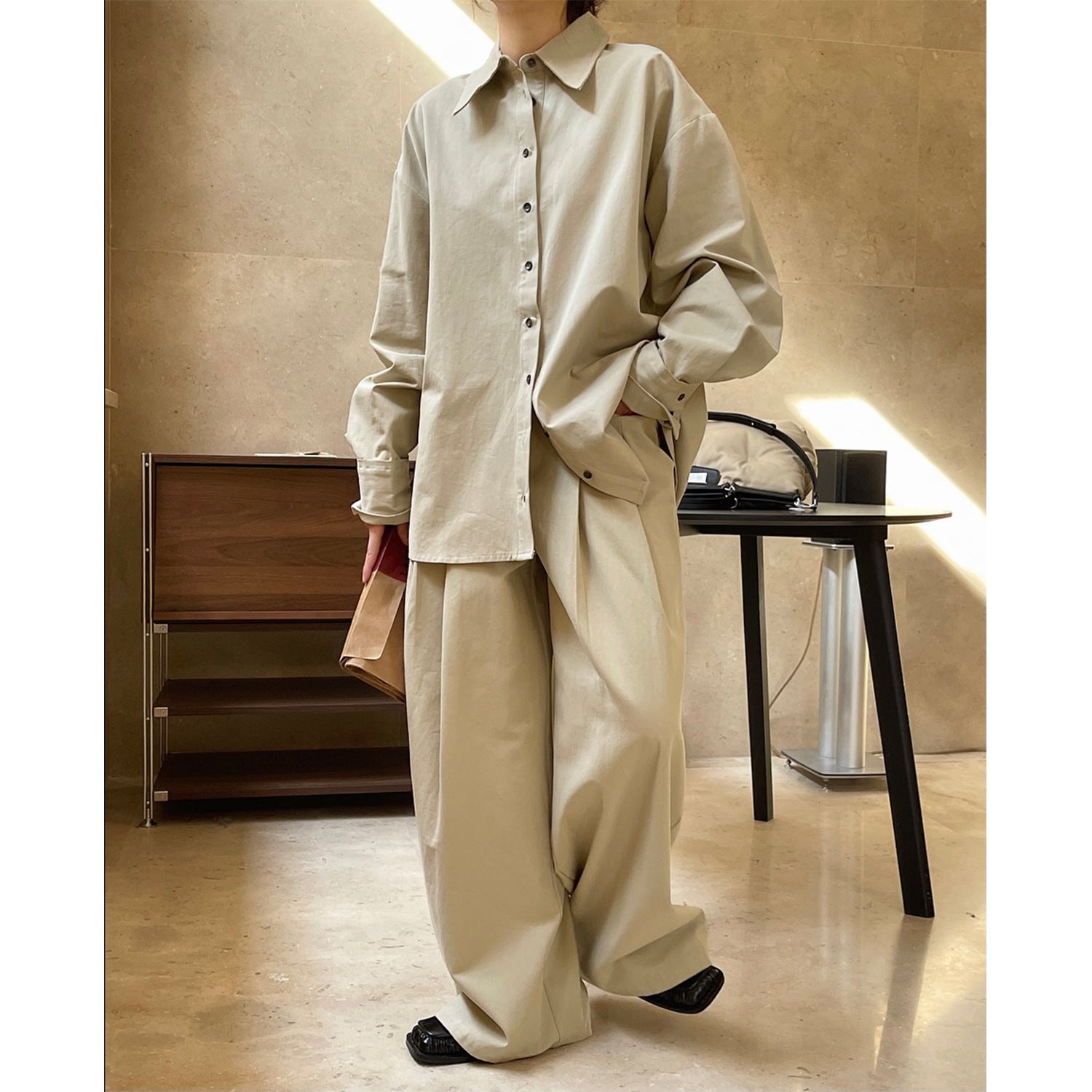 Women's Two-Piece Oversized Shirt and High-Waist Palazzo Pants Chichicherry