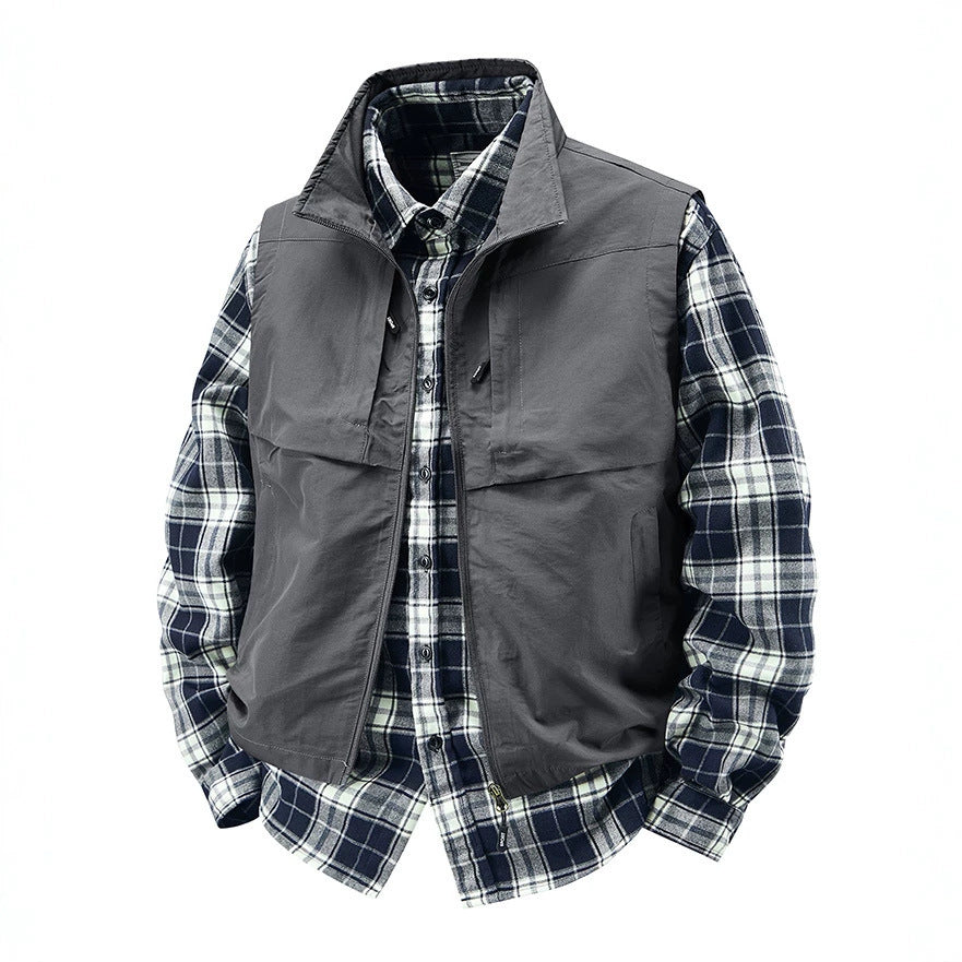 Men's Multifunctional Canvas Vest with Front and Chest Pockets and Adjustable Hem Chichicherry