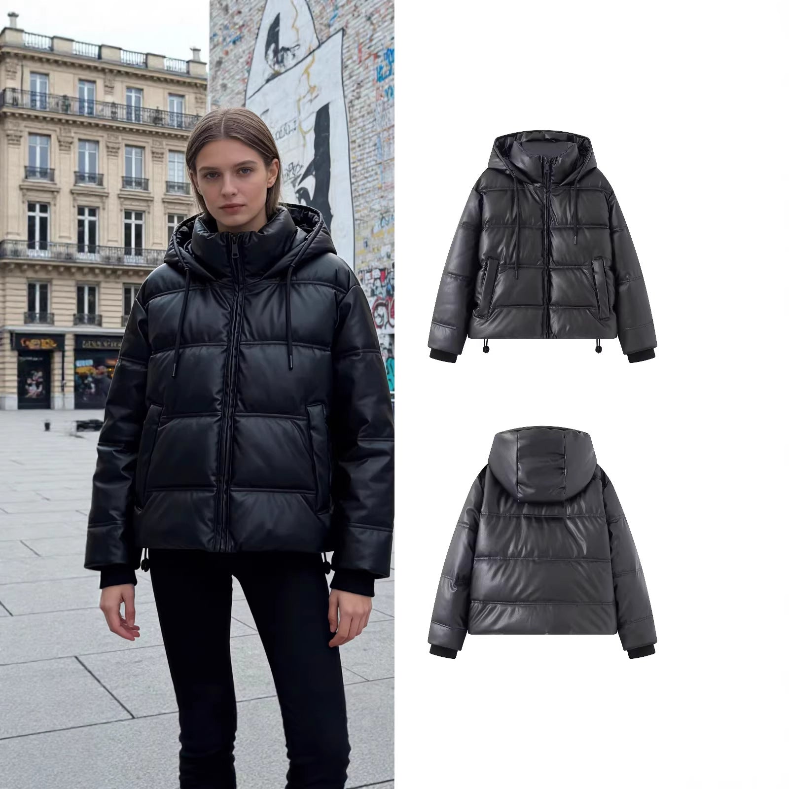 Women's Short Quilted Faux Leather Puffer Jacket with Hood, Drawstring and Side Pockets Chichicherry