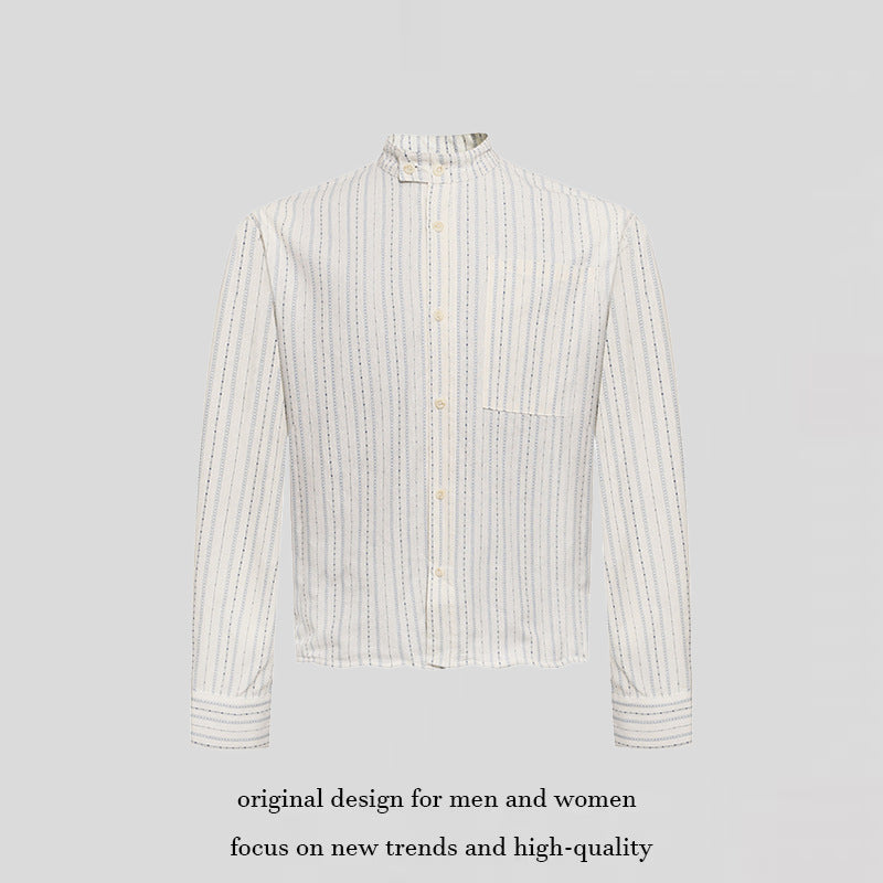 Men's Lightweight Long Sleeve Shirt with Stand-Up Collar, Fine Striped Pattern and Breast Pocket Chichicherry