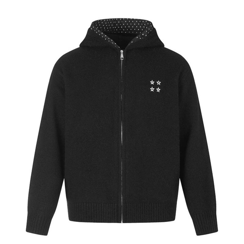 Women's Zip Hoodie Cardigan with Polka Dot Hood Lining and Star Embroidery Chichicherry