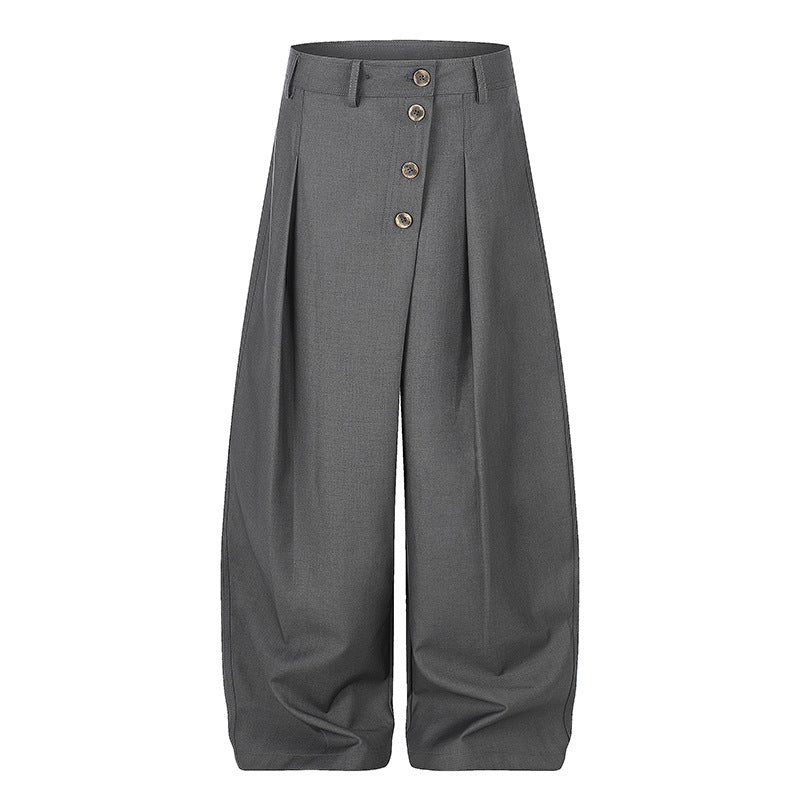 Women's Wide Palazzo Pants with High Waist, Pleats and Asymmetrical Button Placket Chichicherry
