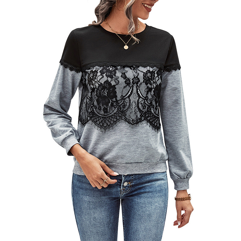 Women's Casual Long Sleeve with Floral Lace Application, Colorblock Yoke and Round Neck Ruin