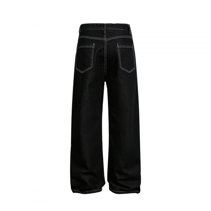 Women's Wide High-Waist Denim Jeans with Asymmetric Button Placket and Contrast Stitching Chichicherry