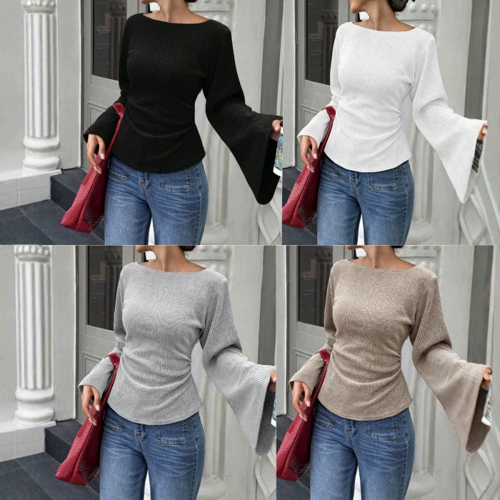 Women's Ribbed Fine Knit Top with Wide Trumpet Sleeves Chichicherry
