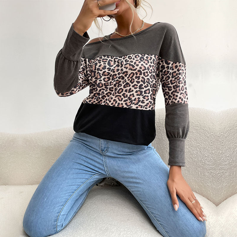 Women's Casual Off-Shoulder Sweater with Leopard Print, Contrast Blocks and Spaghetti Straps Chichicherry