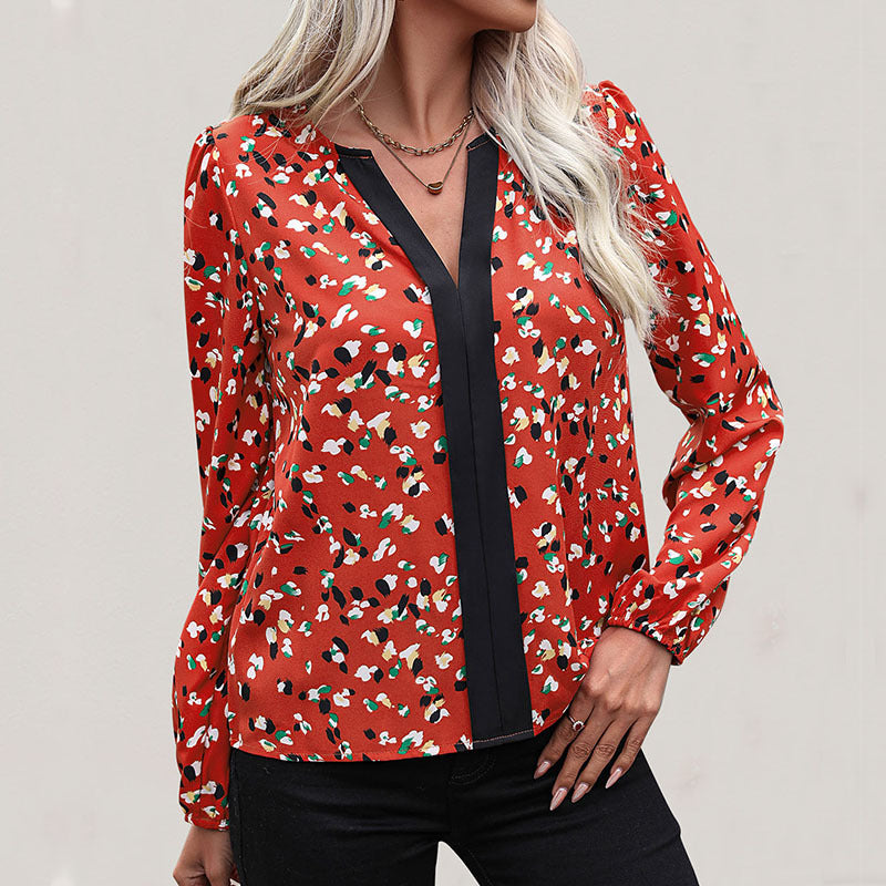 Women's Flowy V-Neck Blouse with Contrasting Decorative Trim and Elastic Cuffs