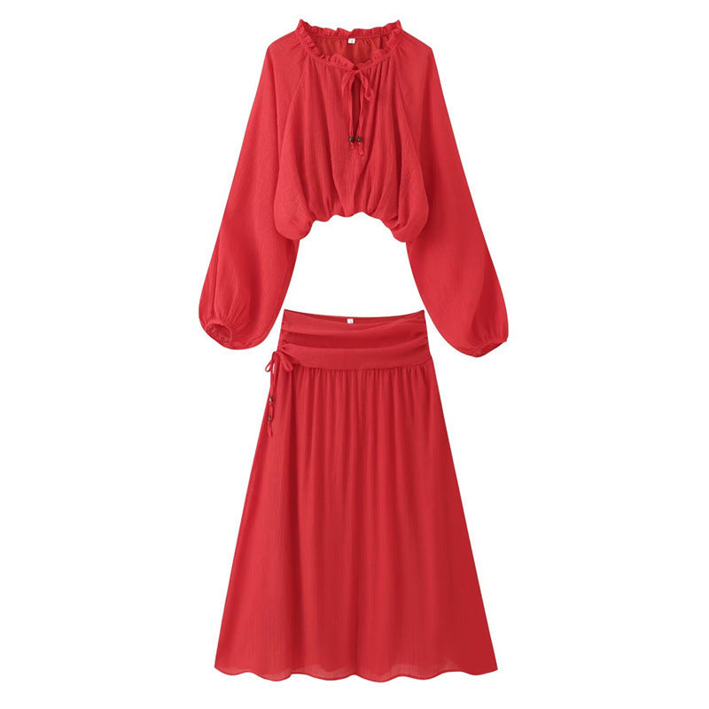 Women's Two-Piece Boho Set with Cropped Ruffle Blouse, Balloon Sleeves and High-Waisted Maxi Skirt Chichicherry